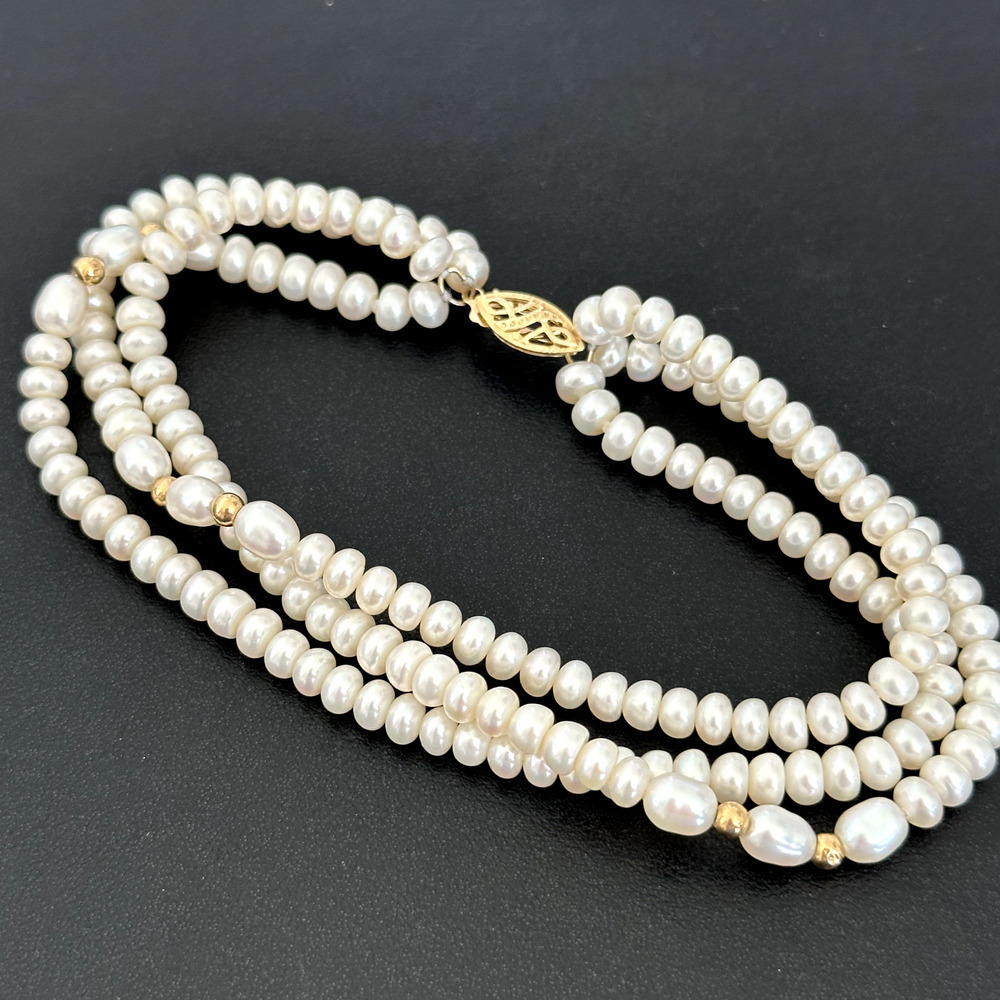 14K Yellow Gold Genuine Real Cream Pearl Triple 3 Strand Bracelet